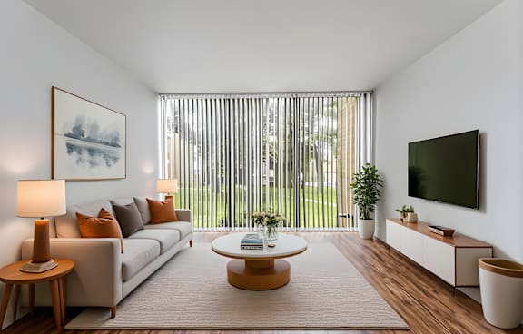 A modern living room with a large window and a flat screen TV.