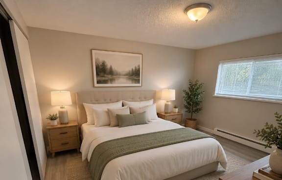 A bedroom with a large bed and a painting on the wall.