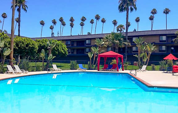 A pool surrounded by palm trees and a red canopy.