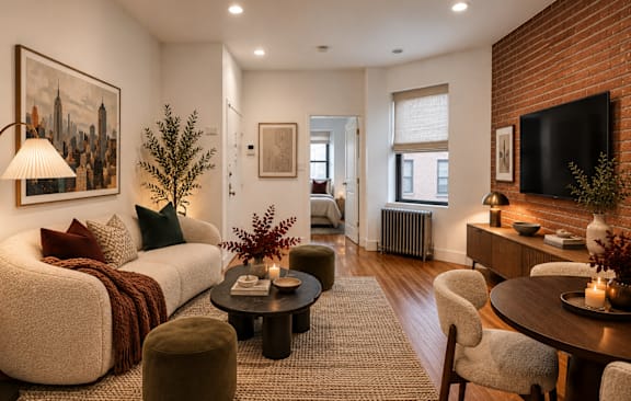 A living room with a white couch, a coffee table, and a flat screen TV mounted on the wall.