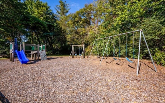 a playground with a swing set and some trees
