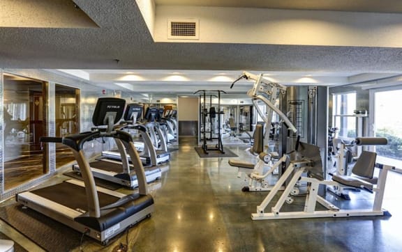 the gym with plenty of windows and cardio equipment at The Falls, Mission, KS, 66202