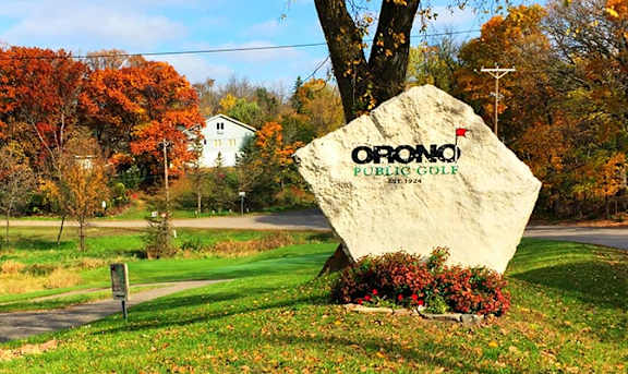 A large stone monument with the word "ORONO" written on it.
