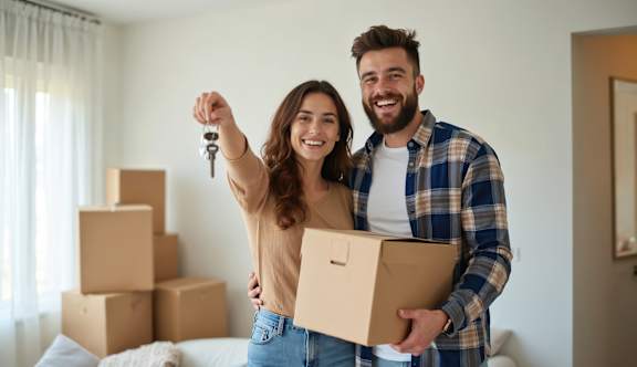 A man and woman are standing in a room with boxes, holding a key and a box, likely moving into a new home.