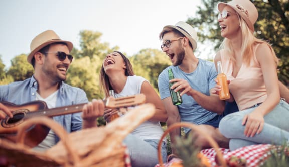 a group of people sitting on a blanket at a picnic