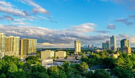 an aerial view of the philadelphia skyline with trees in the foreground