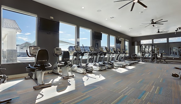 A gym with treadmills and exercise equipment.