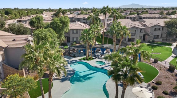 an aerial view of a swimming pool with palm trees