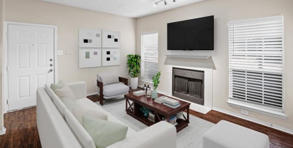 a balcony with a wooden table and two chairs and a large window with a view of a at Creekview Apartment Homes, Dallas, 75254