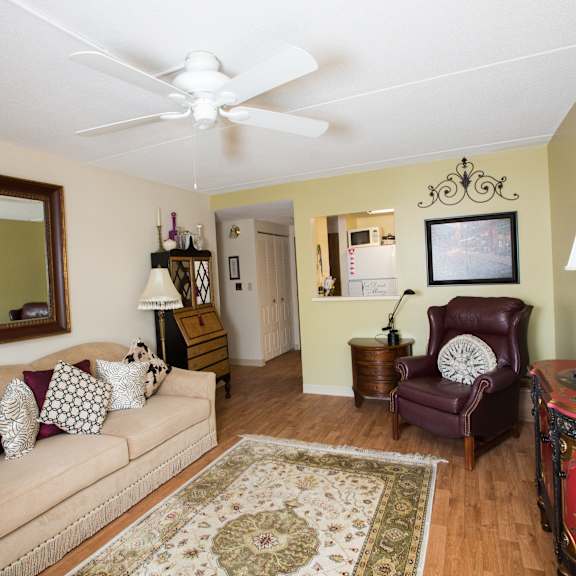 a living room with a couch, chair, and rug.