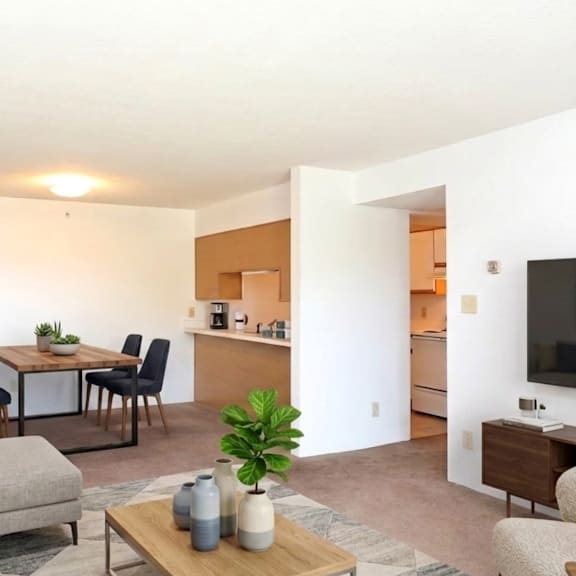 a living room with a grey couch, a coffee table, a television, and a dining table with chairs.