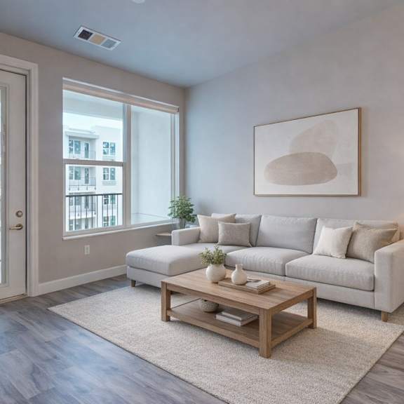 a modern living room here at experience at epicenter featuring wood-style flooring, a light gray sectional sofa with neutral throw pillows, a rectangular wooden coffee table styled with decor, a soft area rug, a floor lamp, potted greenery, abstract wall art, and large windows with a glass door leading to a private balcony that brings in natural light.