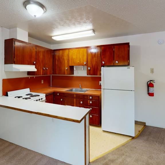 small kitchen here at country lane apartments with wood cabinets, white appliances, and orange countertops. cozy ambiance with carpet flooring and a fire extinguisher on the wall.