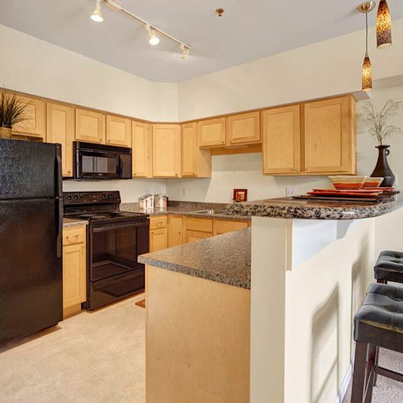 modern kitchen here at park plaza 2 apartments with light wood cabinets and black appliances, including a fridge and stove. granite countertops, pendant lighting, and bar stools add elegance.