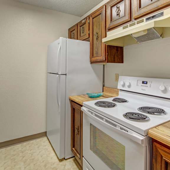 compact kitchen here at park plaza apartments with white fridge and electric stove. wooden cabinets and countertops provide a rustic feel. neutral walls and linoleum flooring.