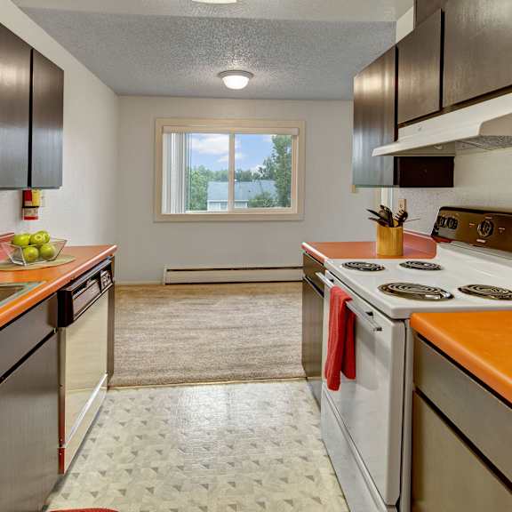 kitchen with orange countertops, dark cabinets, and a white stove. a bowl of green apples and a utensil holder add color. window view shows trees. arctic sun apartments.