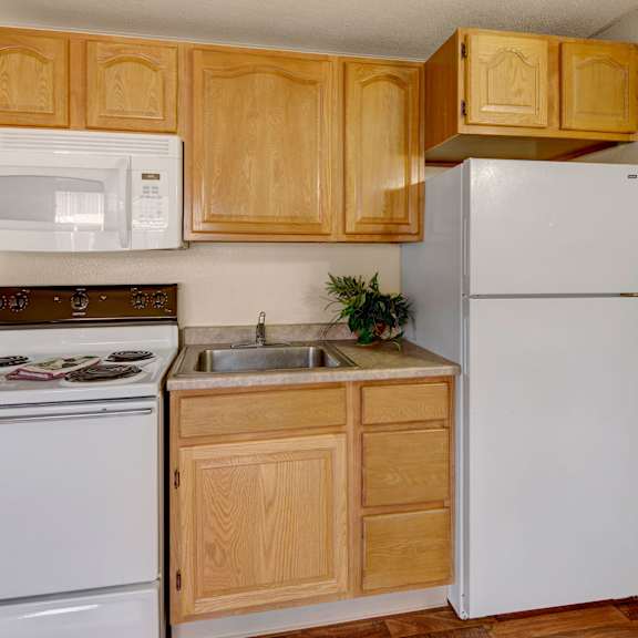 small kitchen here at college view apartments with light wood cabinets and light brown countertops. includes a white stove, microwave, fridge, and a potted plant by the sink.