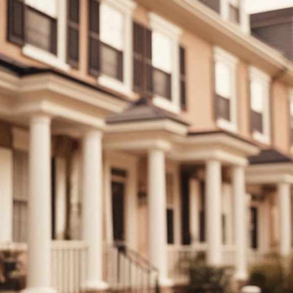 a row of brown houses with white columns.