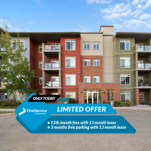 a building with a sign offering a 13th month free with a 13 month lease and 3 months free parking with a 13 month lease.
