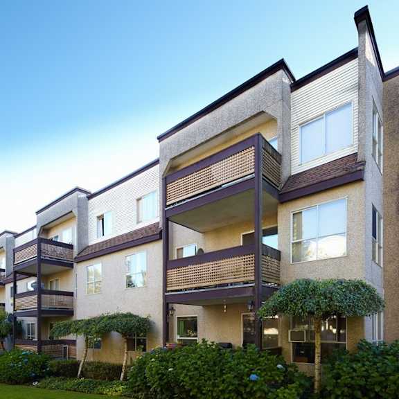 a photo of a row of apartment buildings with trees and bushes in front of them