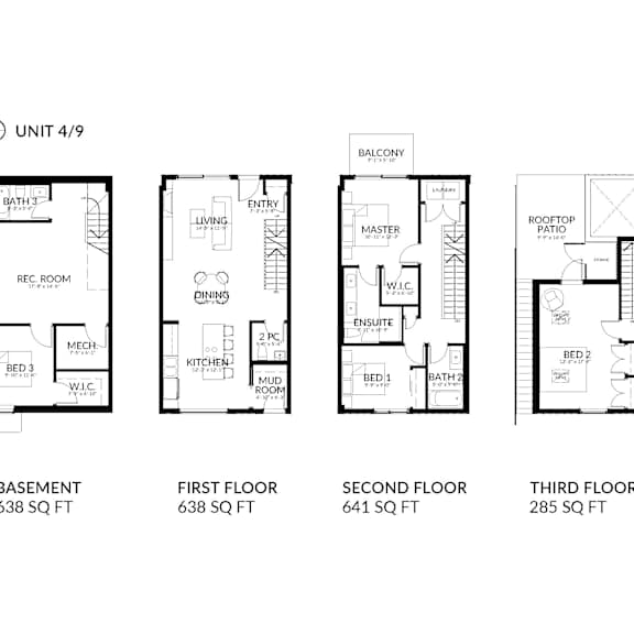 a diagram shows the layout of apartment 4/9 with basement, first, second and third floor plans.