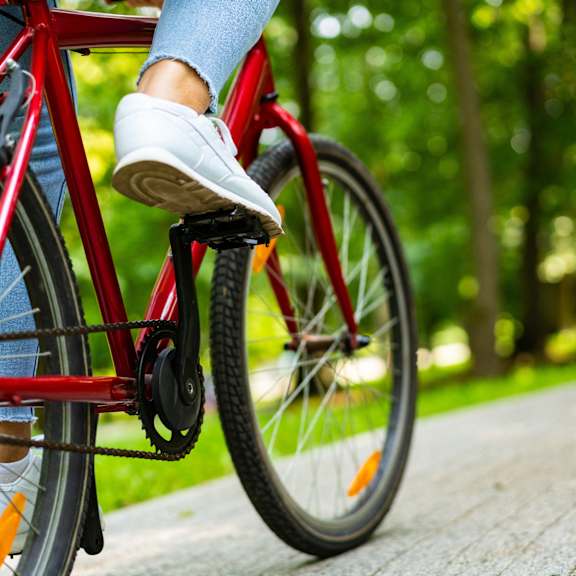 A person is riding a red bicycle on a wooden path.