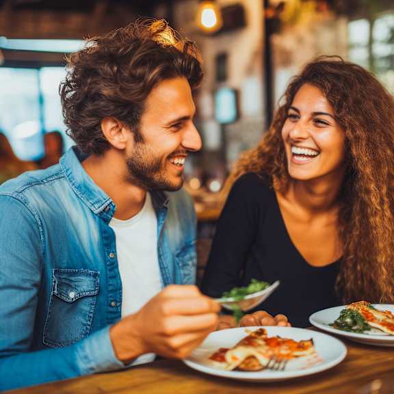 A man and a woman are enjoying a meal together at a restaurant.