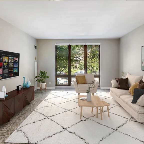 a living room with a couch, chair, and a rug. at oak park city, illinois, 60301