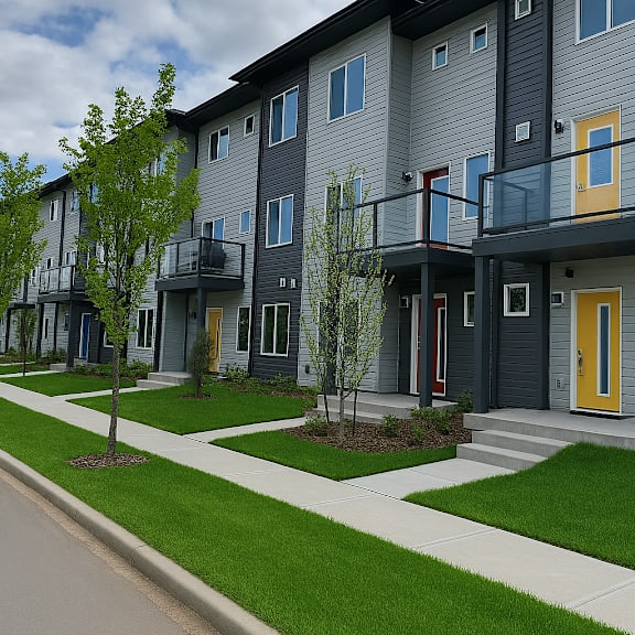 apartment building with a grey facade and yellow doors.