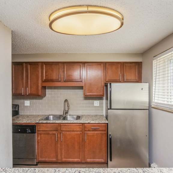 kitchen with stainless steel appliances and tiled backsplash at 136 s penn in denver, co