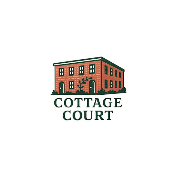a red building with a tree in front of it and the words cottage court below it.