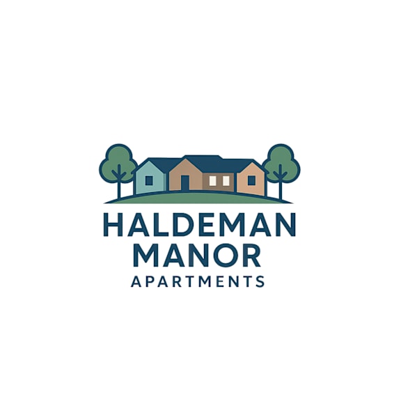 a logo for haldeman manor apartments featuring a house and trees.