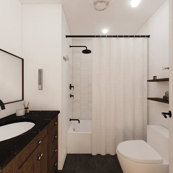 a bathroom with a sink, toilet, and shower.