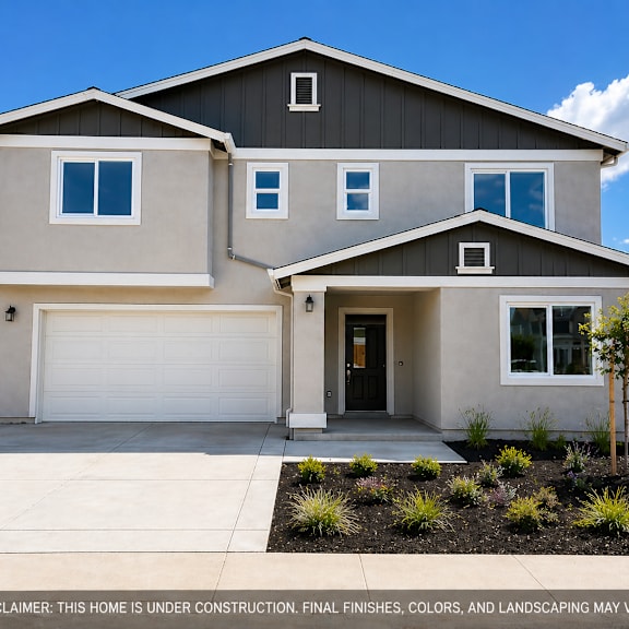 a house under construction with a disclaimer that final finishes, colors, and landscaping may vary.