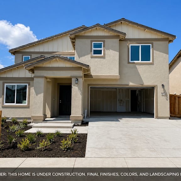 a house under construction with a disclaimer that final finishes, colors, and landscaping may vary.