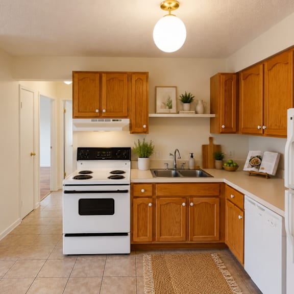 a kitchen with wooden cabinets and a white refrigerator.