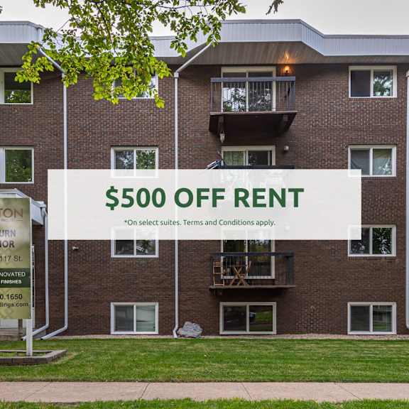 a building with a sign that says $500 off rent.
