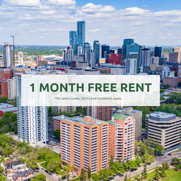 a cityscape with a sign offering a 1 month free rent.