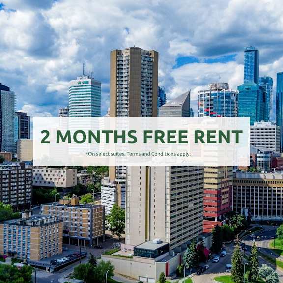 a cityscape with a sign offering 2 months free rent.