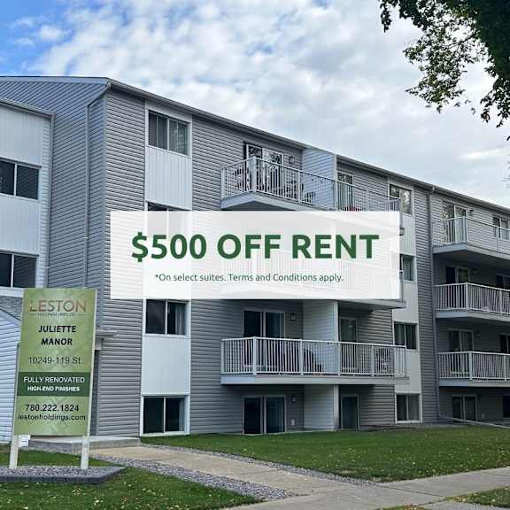 a building with a sign that says $500 off rent.