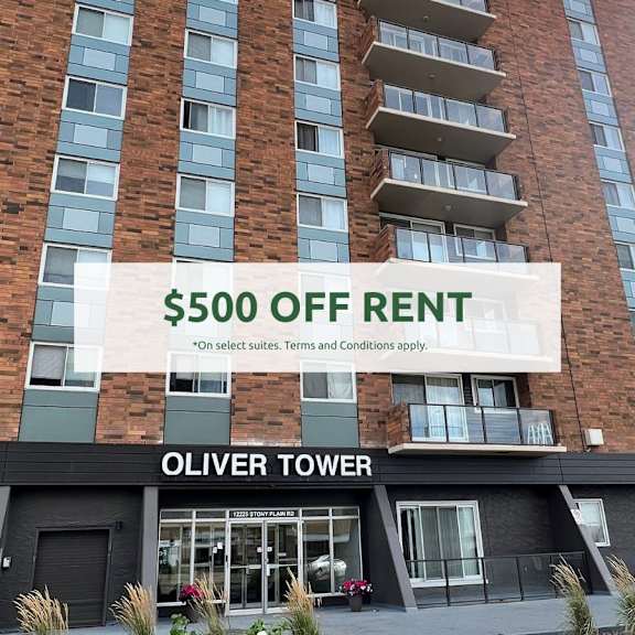 oliver tower building with a sign offering $500 off rent.