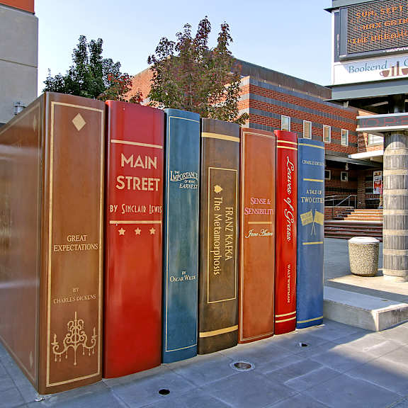 a row of books are lined up outside a building.