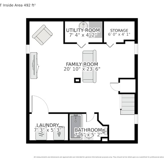 a floor plan of a basement with a laundry room, bathroom, utility room, and family room.