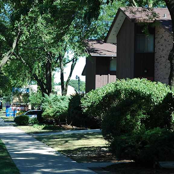 a tree-lined street with apartment buildings on the right.