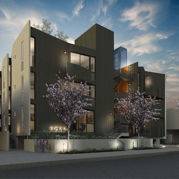 contemporary building facade with corrugated metal siding at lido - 3714 kelton apartments, california, 90034