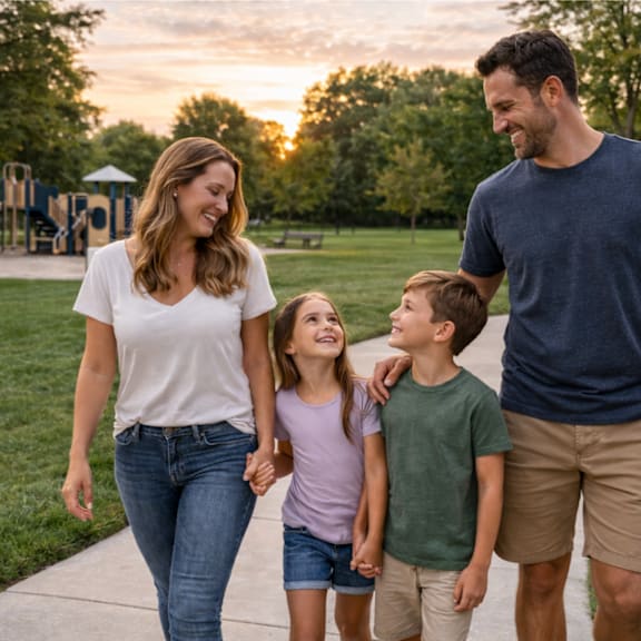 A family of four is walking together in a park.