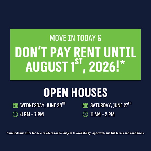 a promotional image offering a rent-free period until august 1st, 2026, with open houses on june 24th and june 27th.