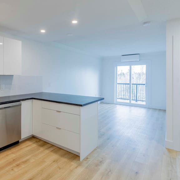 a kitchen with white cabinets and a black countertop.