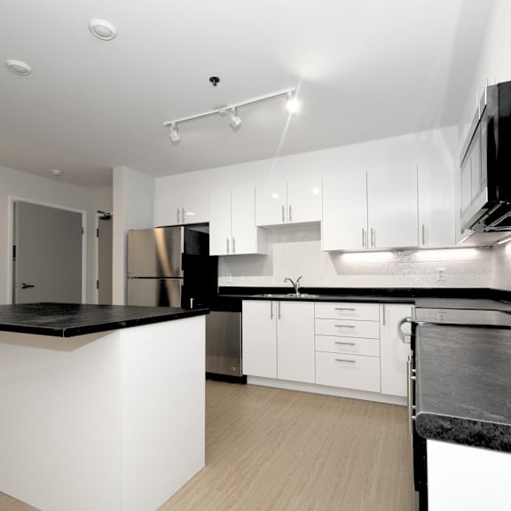 a modern kitchen with white cabinets and black countertops.