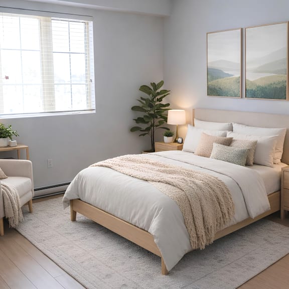 a bedroom with a large bed, a chair, and a painting on the wall.